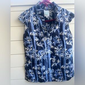 Dana Buchman Blue and White Floral Silk Blouse XS